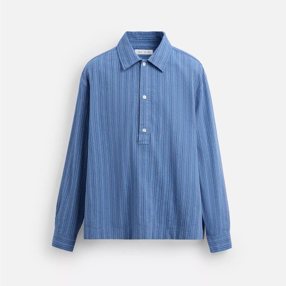 Zara Men's Blue Striped Dress Shirt